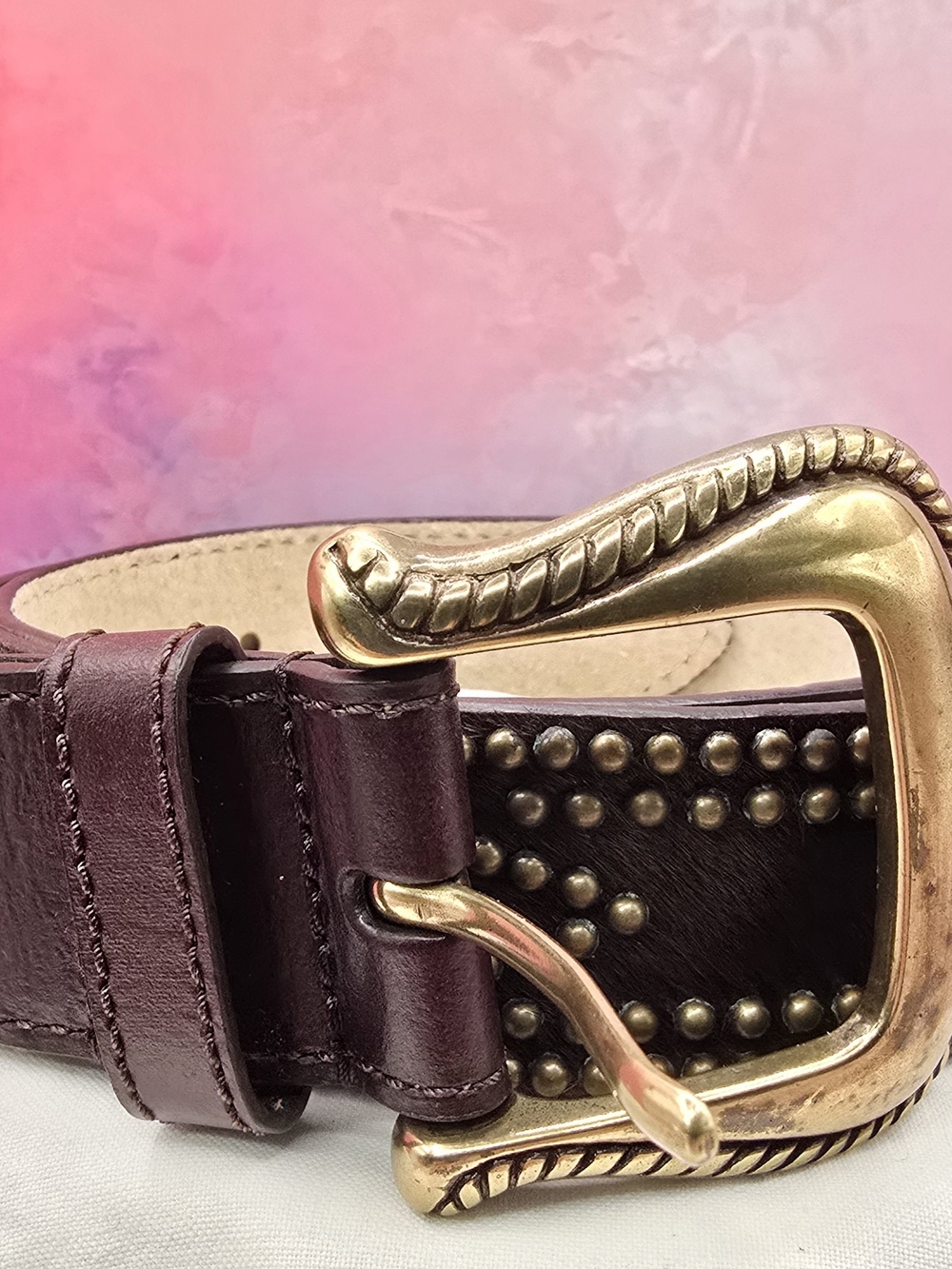 Nine West Brown Studded Leather Belt with Gold Buckle